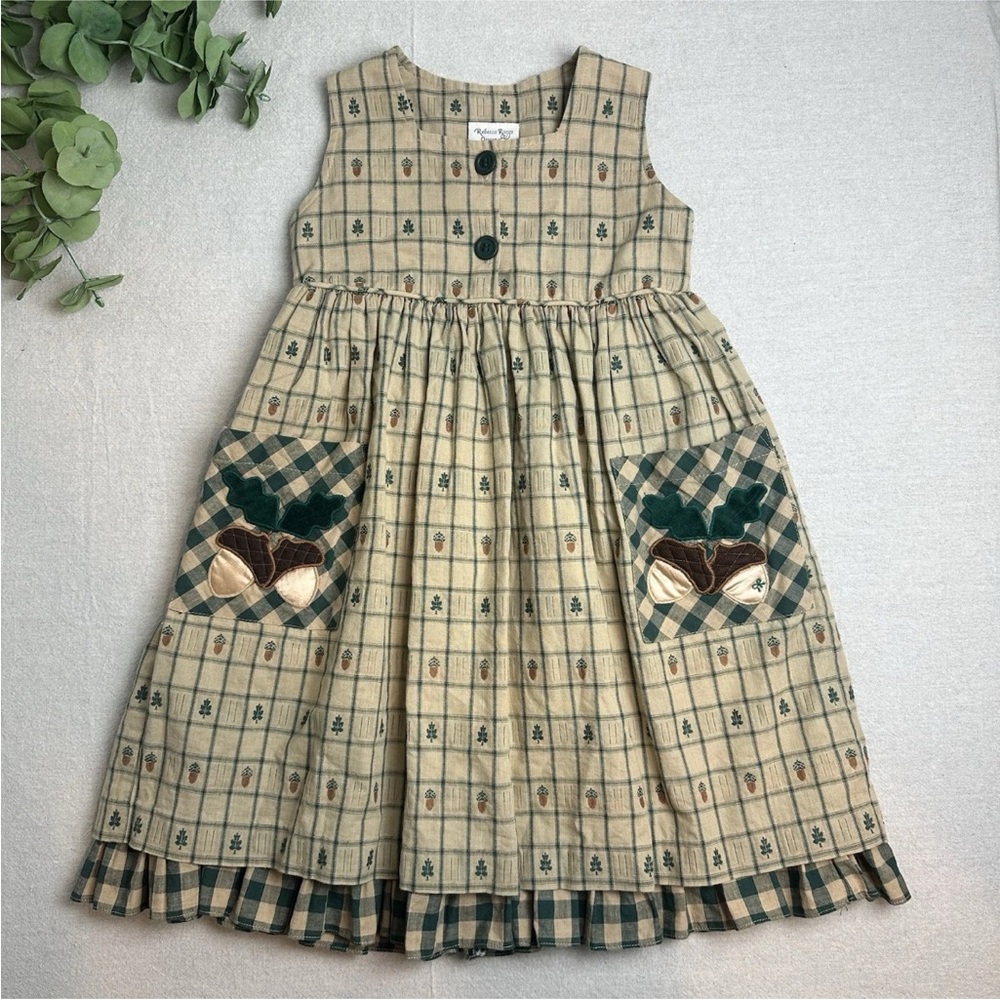 Vintage Rebecca Raggs Girls' Size 5 Pinafore Dress Acorn Leaves Embroidery Plaid